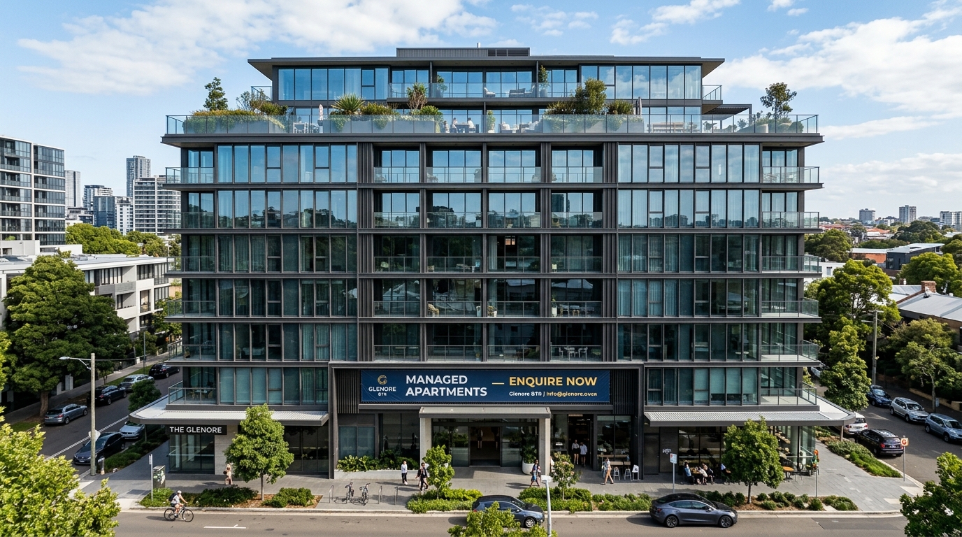 Modern build-to-rent residential tower exterior in Sydney inner ring with landscaped ground floor
