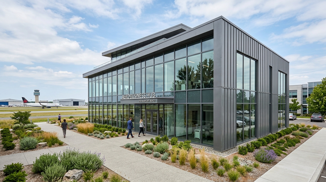 Eye-level daytime architectural photograph of commercial office pavilion within airport business park featuring double-glazed acoustic glass panel windows sleek gray zinc cladding and clean native landscaping