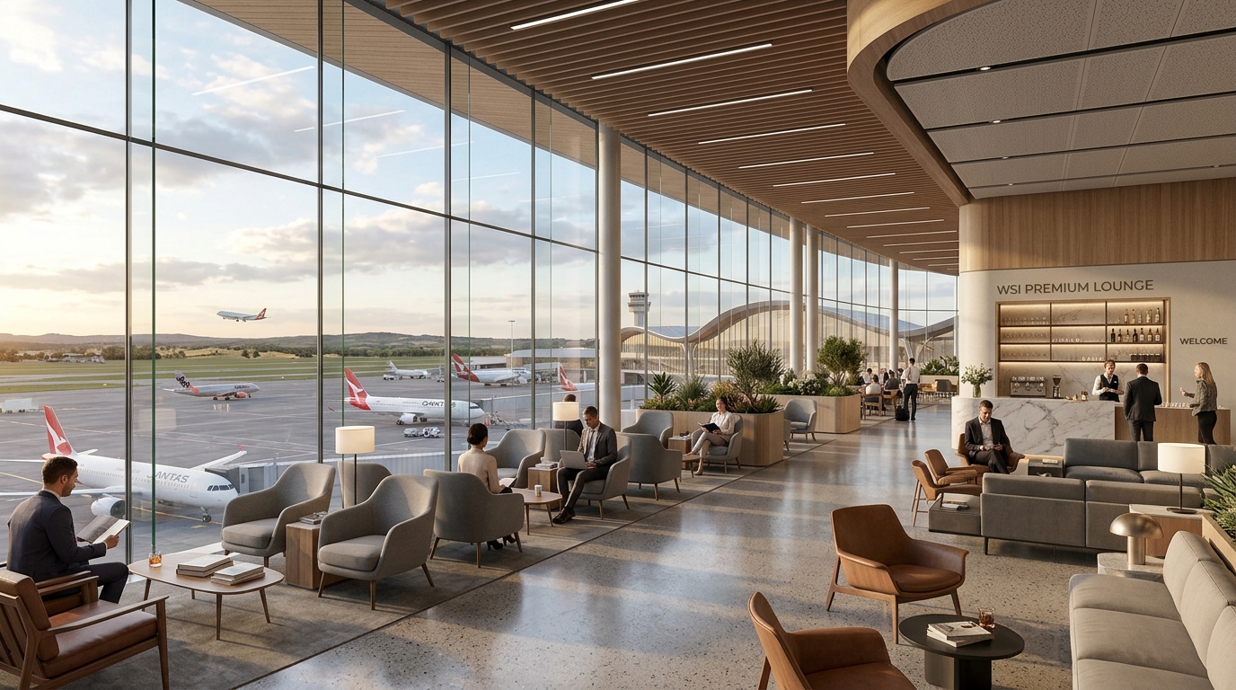 Architectural rendering of premium passenger lounge inside the new Western Sydney terminal showcasing floor-to-ceiling glass windows overlooking the airfield and minimalist modern furniture