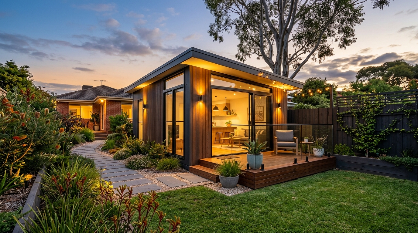 Completed modern prefab granny flat in an Australian backyard with landscaping and evening light.