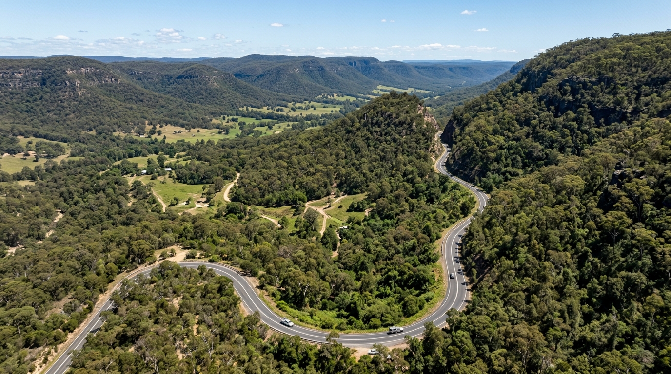 Road through Australian valley showing evacuation access considerations for flood and bushfire prone land