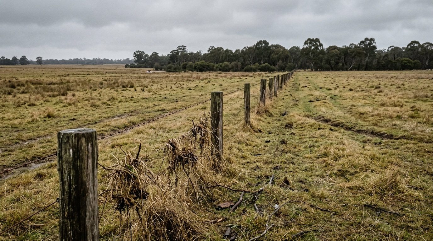 Open post-and-wire rural fence crossing low-lying grassland with grass and debris caught along the lower wires