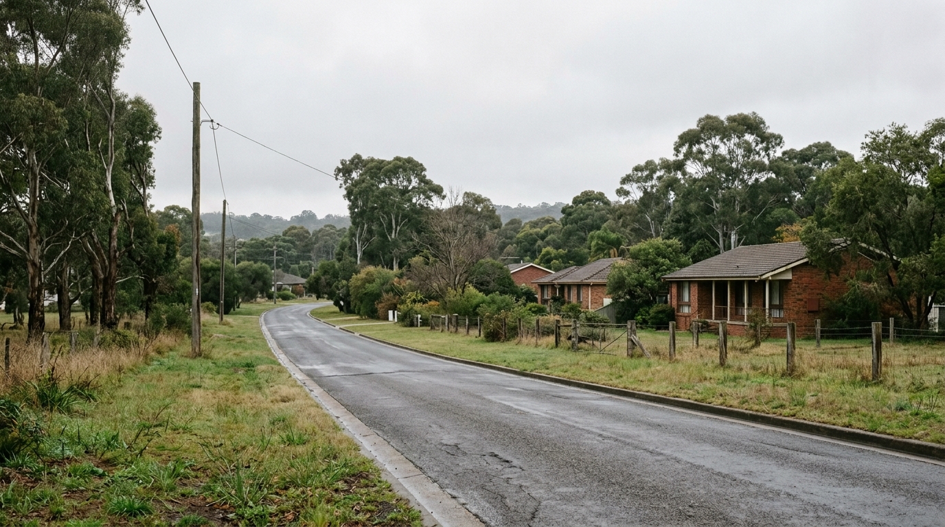 Rural-residential street on Kelvin Park Drive with wide verges, post and wire fencing and single-storey houses on large lots