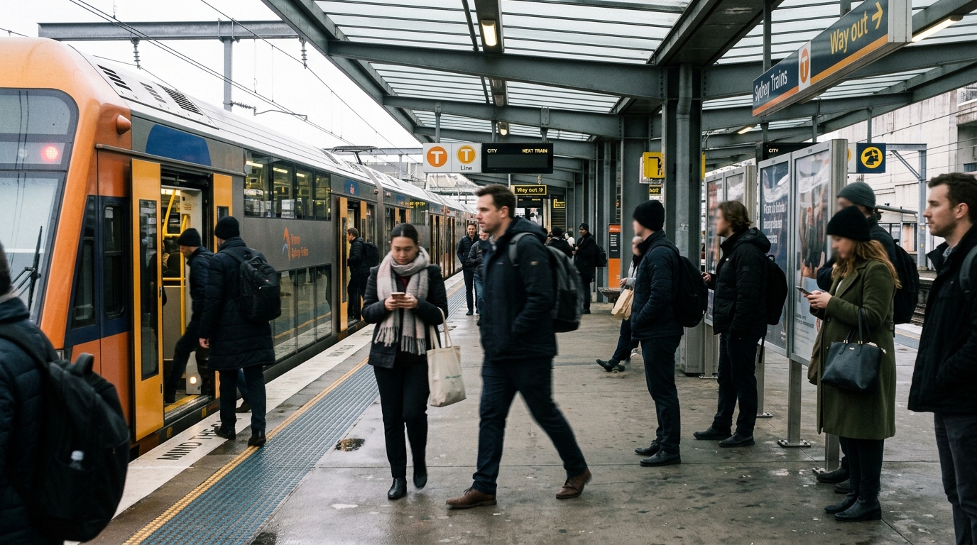 Commuters on a Sydney suburban railway platform during morning peak, illustrating the interchange movement expected where the Western Sydney Airport metro line meets the existing Western Line at St Marys