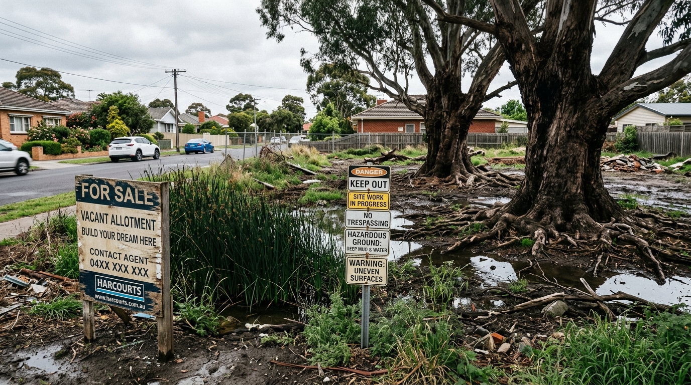 Vacant Australian land allotment with visible site warnings including water pooling uneven ground vegetation and difficult building conditions