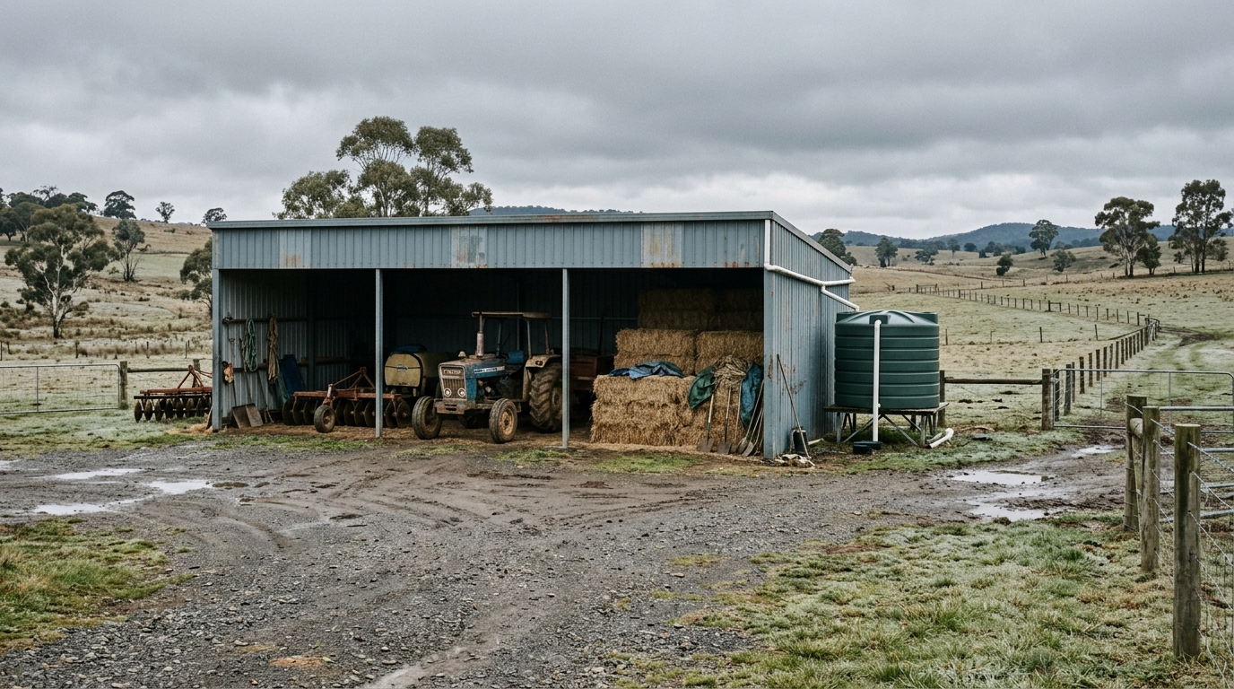Working farm shed with tractor, implements and hay on a rural property in the Aerotropolis area