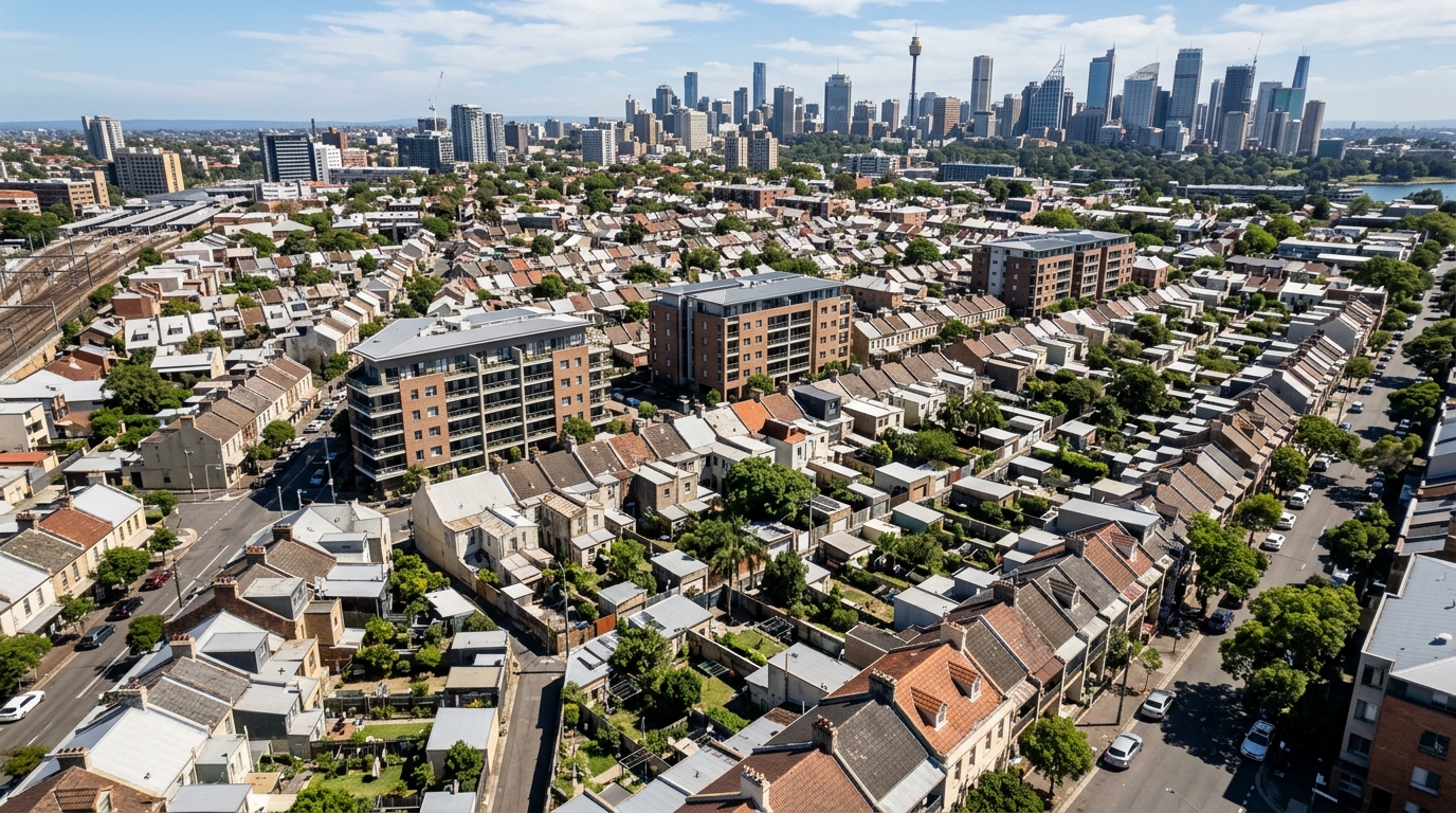 Aerial drone photo of Sydney inner west suburb at dusk with terrace houses and city skyline