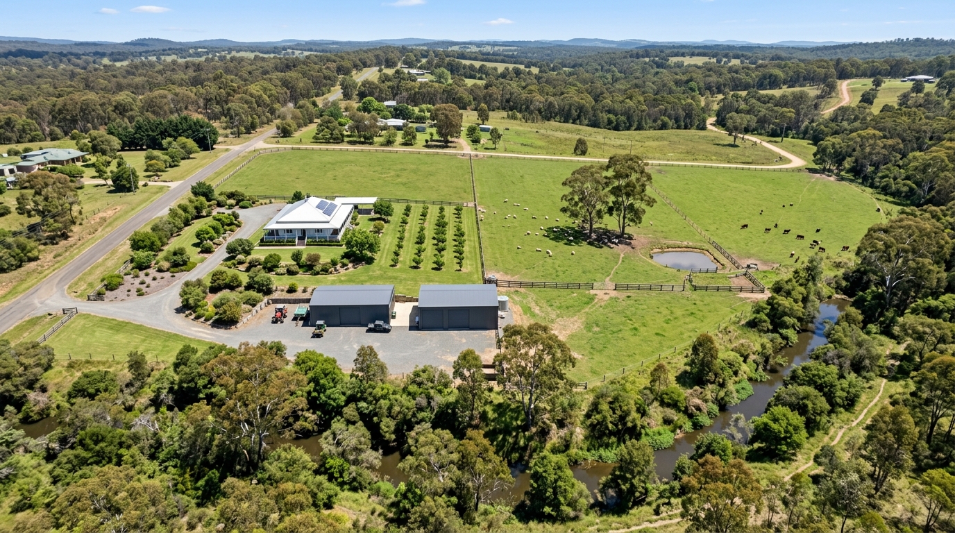 Aerial midday photograph of NSW lifestyle acreage property showing paddocks and tree lines, illustrating rural land pricing variation across regions