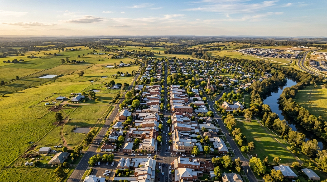 Aerial view of Camden township and the Oran Park urban growth corridor