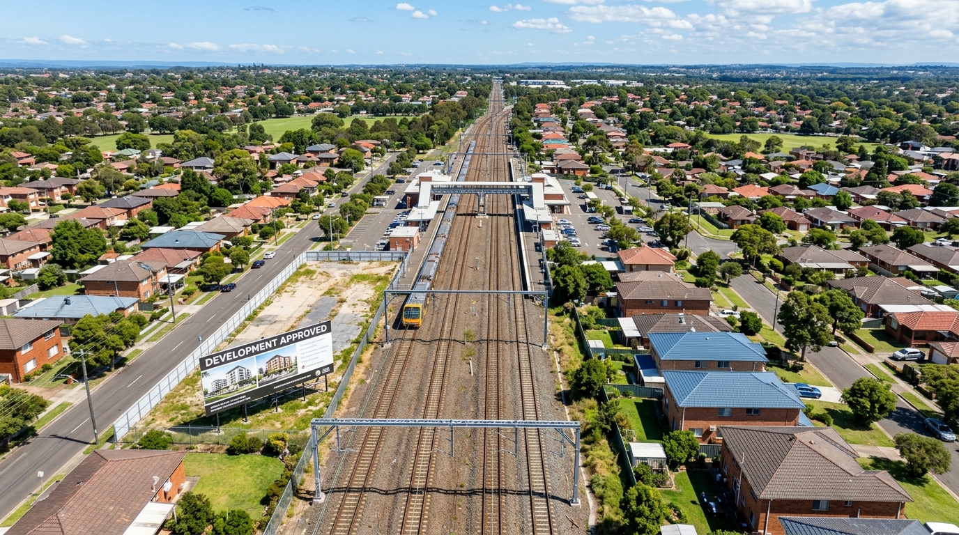 Aerial view of the T8 rail corridor through the Macarthur region