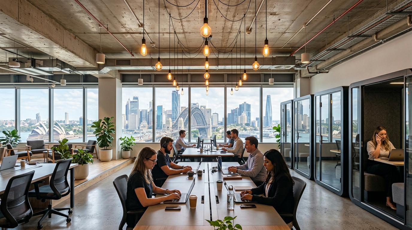 Co-working space with Sydney skyline view illustrating demand for premium-grade flexible office accommodation