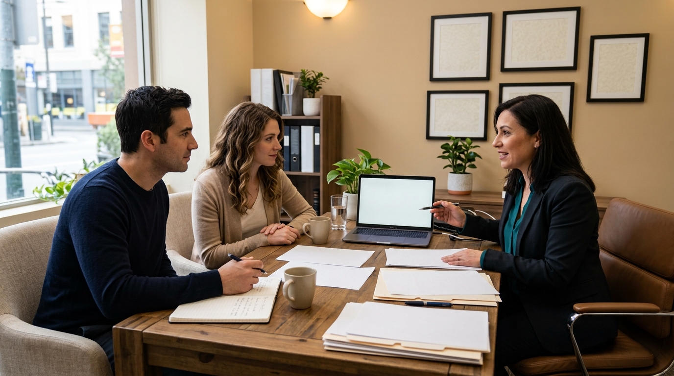 Photo of a couple sitting at a desk meeting with a mortgage broker reviewing home loan paperwork and a laptop in an office setting no brand logos visible