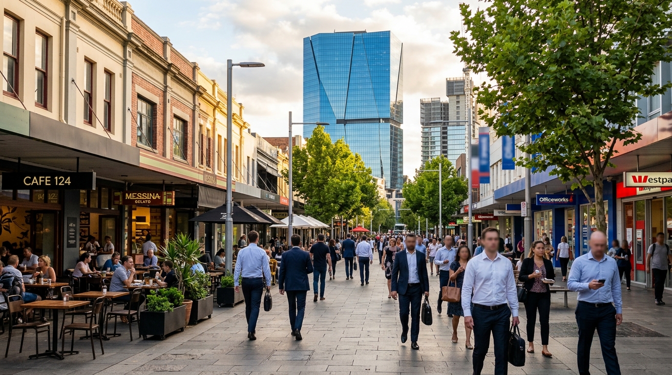 Street-level view looking north along Church Street Parramatta with the light rail corridor, pedestrian zone and new high-rise development visible in 2026