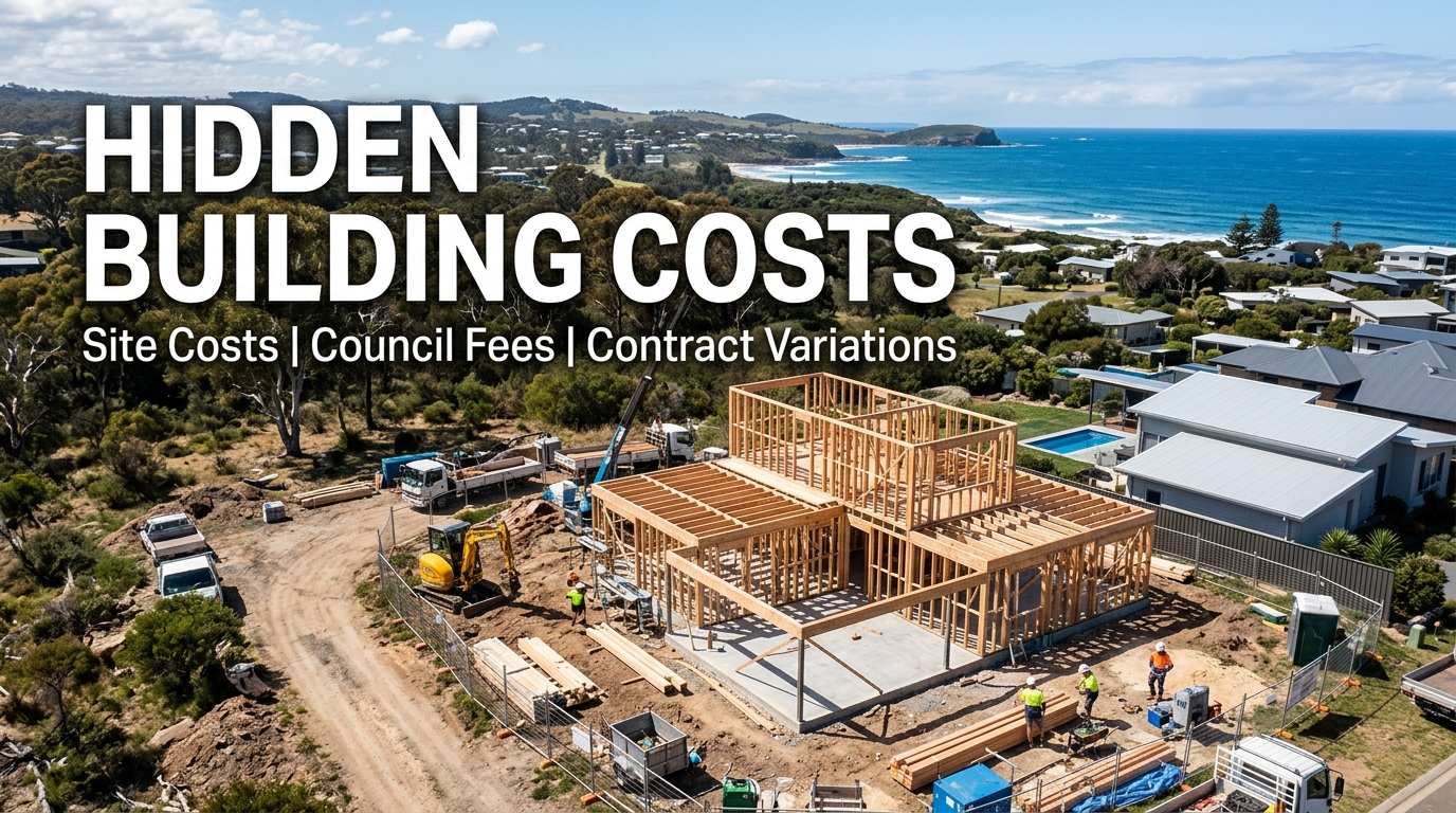 Featured thumbnail showing an active residential building construction site in Australia with text overlay titled Hidden Building Costs.