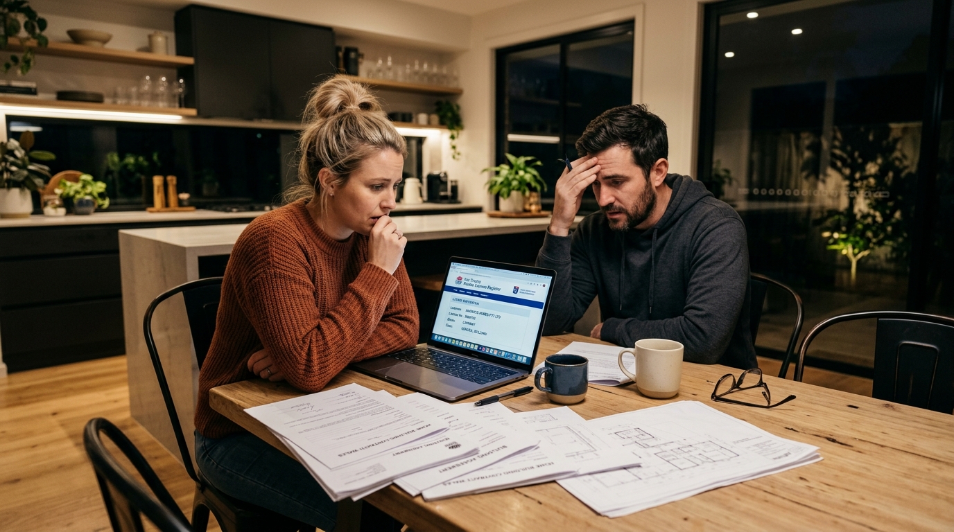 Australian couple reviewing builder licence and building contract documents at a kitchen table for a Worst Builders Australia due diligence guide.