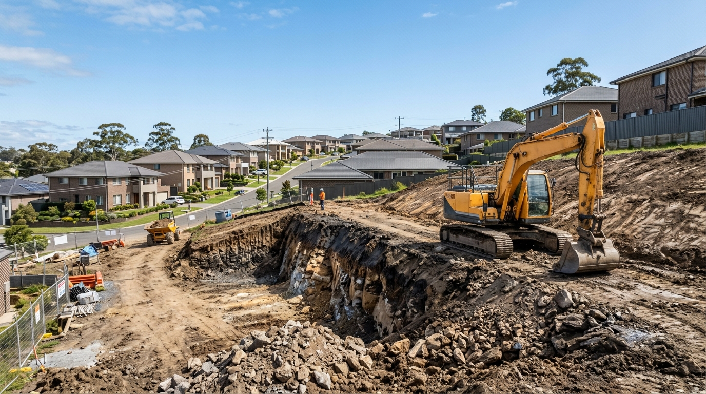 Excavator preparing a residential building site in Australia with earthworks showing how site costs affect cheap land blocks