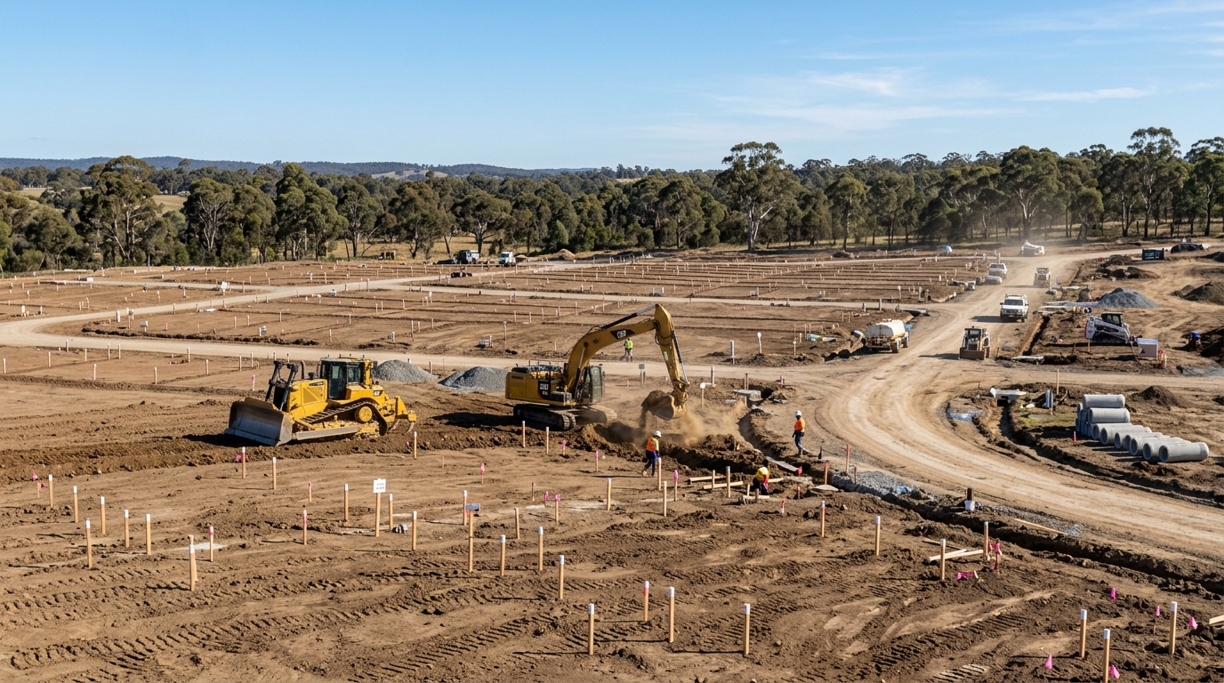 Unregistered land Australia thumbnail showing a residential land estate under construction with unfinished roads and pegged lots