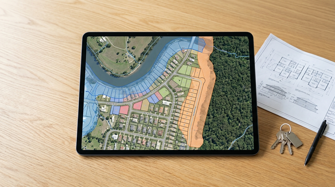 Flood and bushfire maps Australia thumbnail showing a tablet displaying GIS hazard map layers for property due diligence