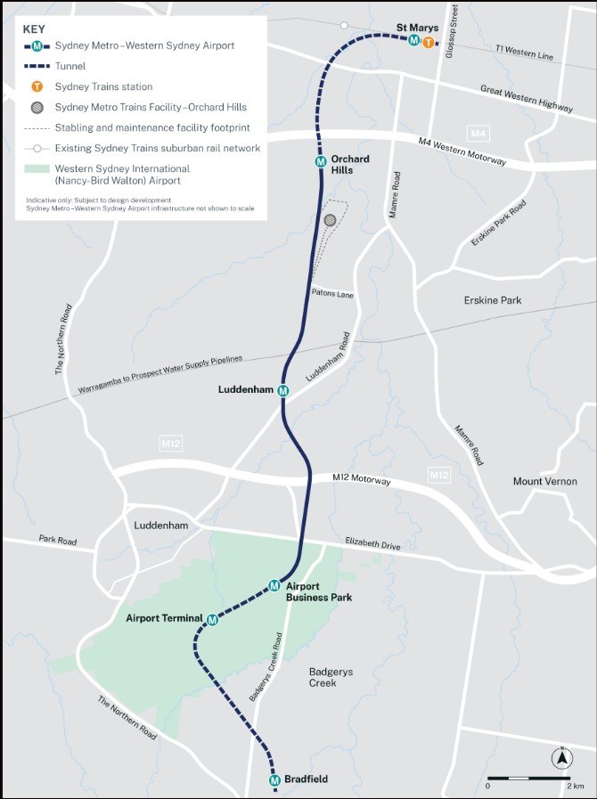 Sydney Metro Western Sydney Airport line vertical alignment map June 2026 showing St Marys to Bradfield City stations and tunnel route NSW Government Sydney Metro