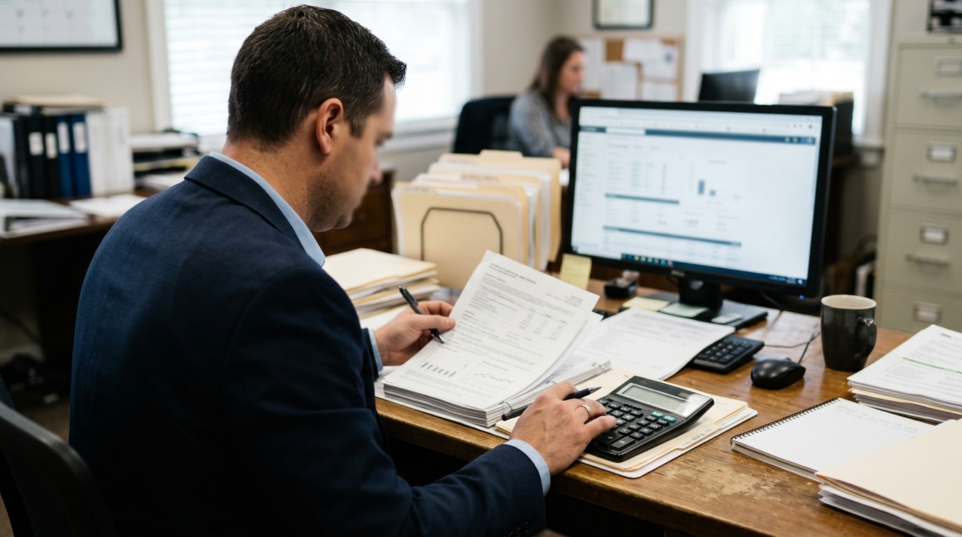 A mortgage broker reviewing loan documents and using a calculator at a desk