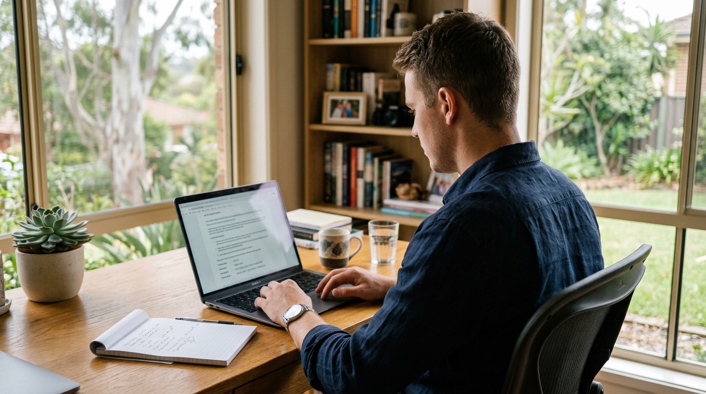 A young Australian professional reviewing loan documents on a laptop at a home desk