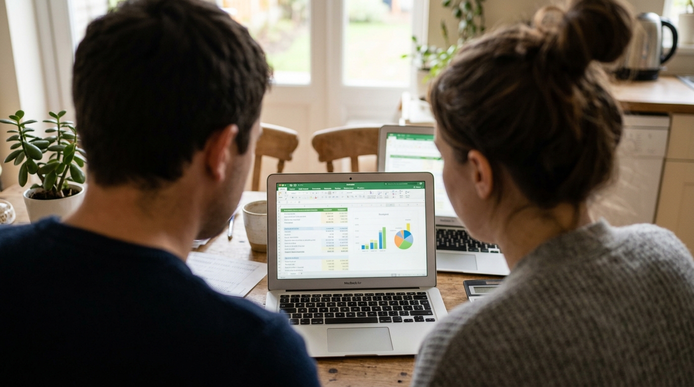 A couple looking at a laptop together at their kitchen table discussing finances