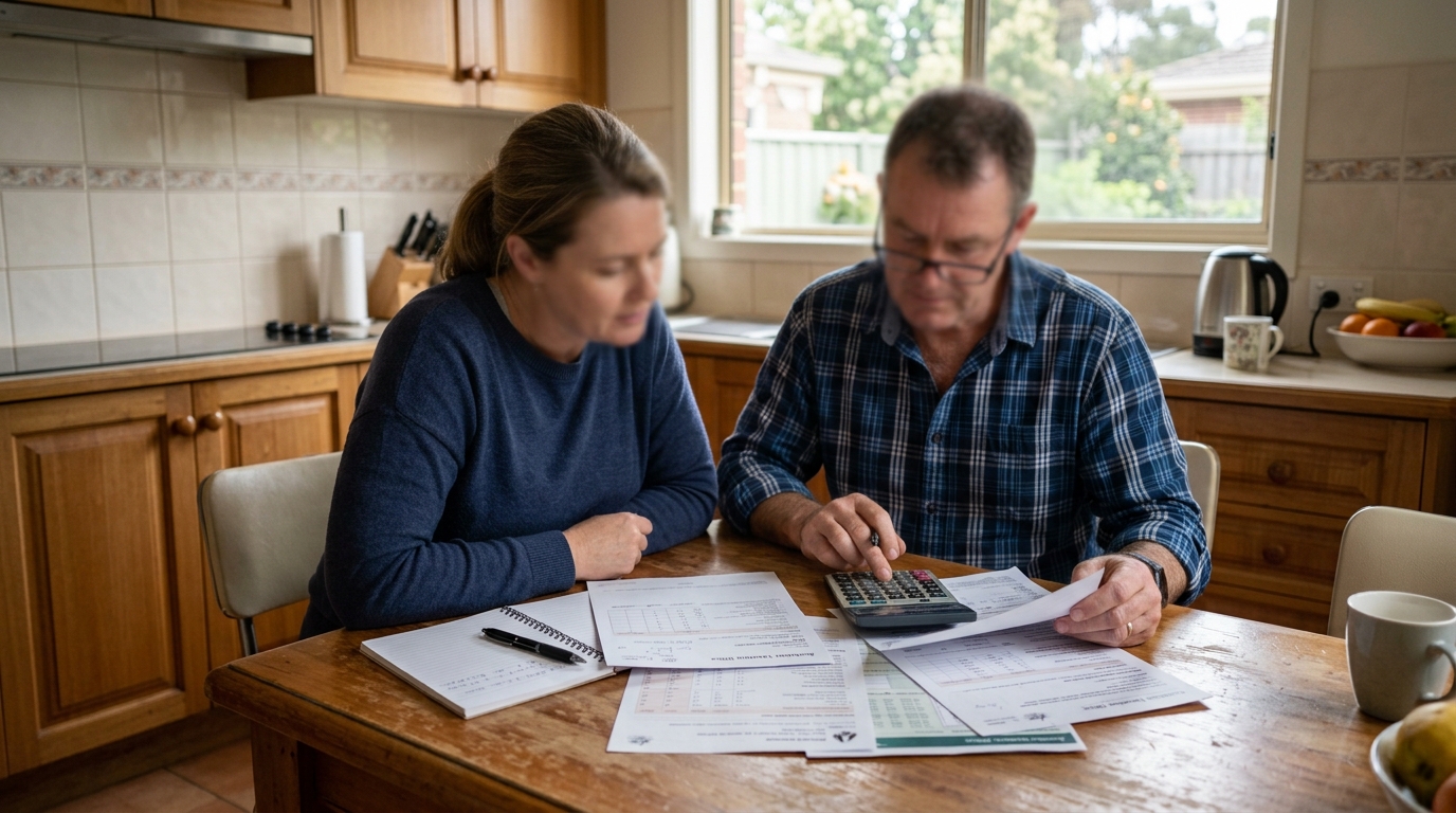 A couple sitting at a kitchen table reviewing paperwork and a calculator together