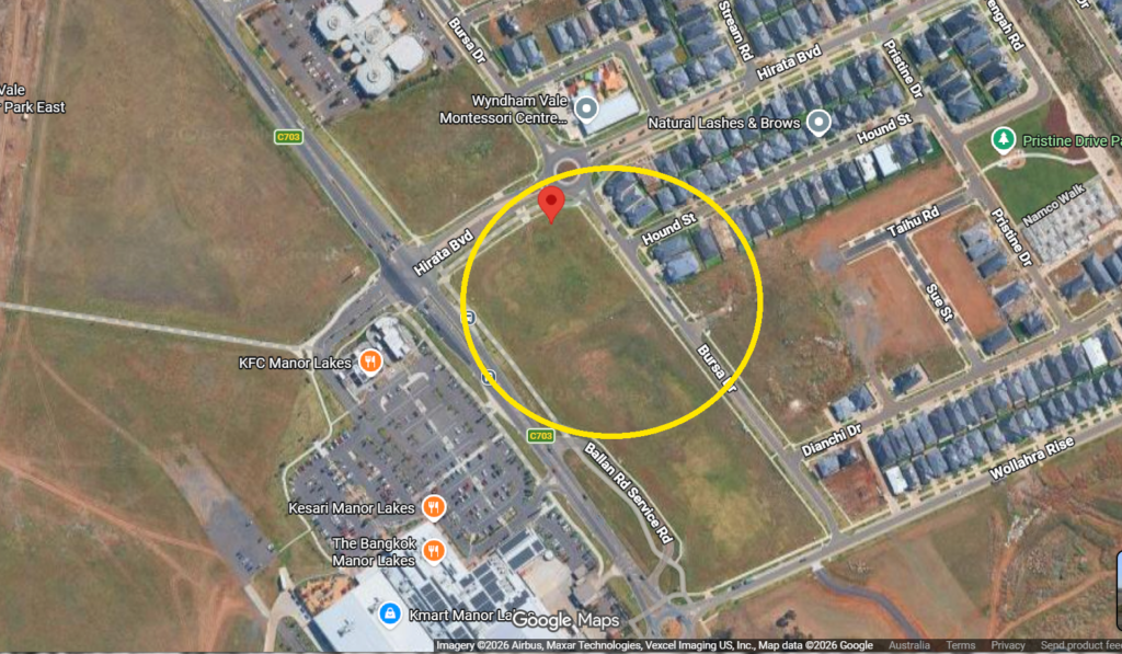 Map marking the Wyndham Vale jobs hub site at 2 Hirata Boulevard and Ballan Road