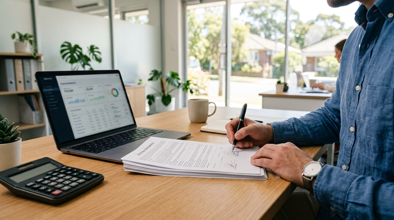 First home buyer signing mortgage paperwork with a 5% deposit and no Lenders Mortgage Insurance
