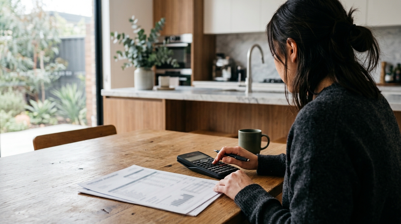 Reviewing a mortgage statement and calculating repayments at home as Australian interest rates move