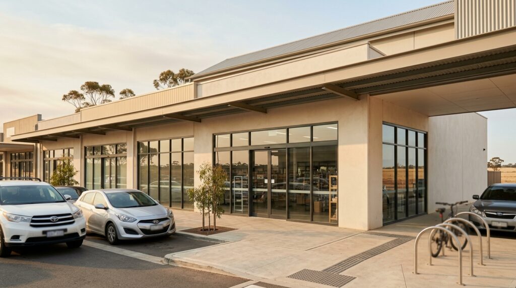 Close-up exterior of a retail shopfront at a new Australian suburban shopping strip