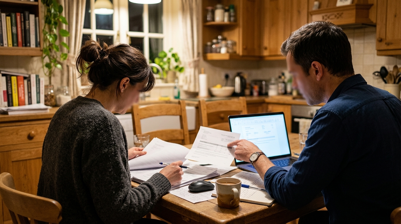 Two people comparing paperwork and a laptop, deciding between Help to Buy and the 5% Deposit Scheme