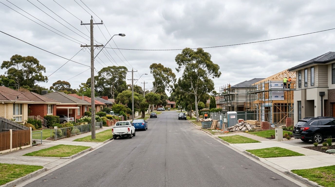 Australian suburban street mixing established homes and new-build construction, reflecting the two-speed property market forecast for FY27