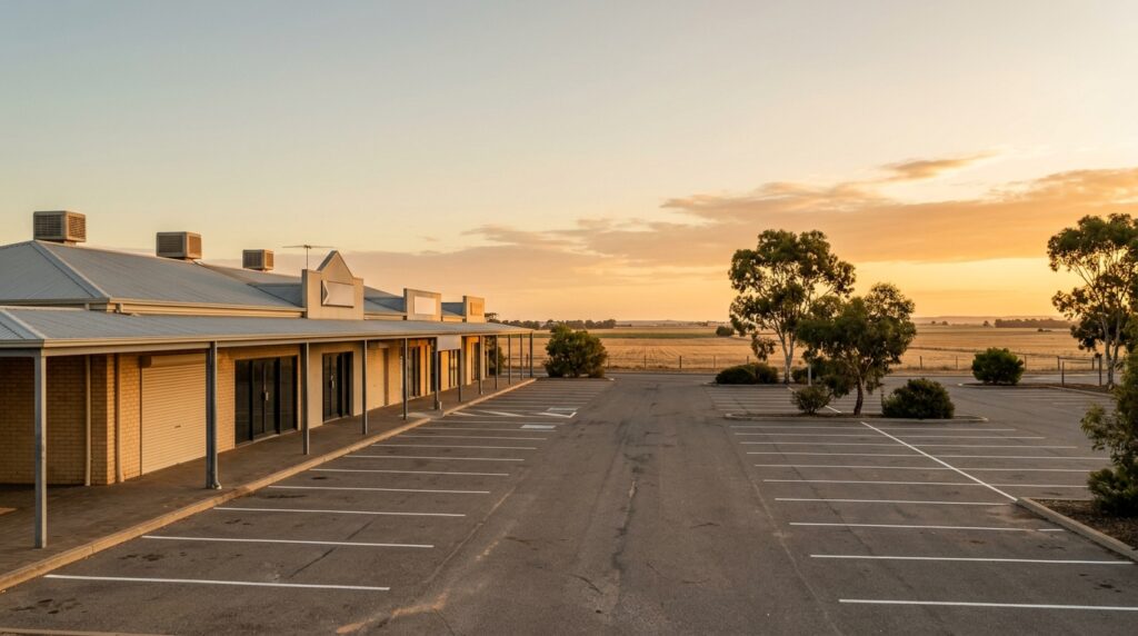 Suburban retail strip car park at golden hour in Australia