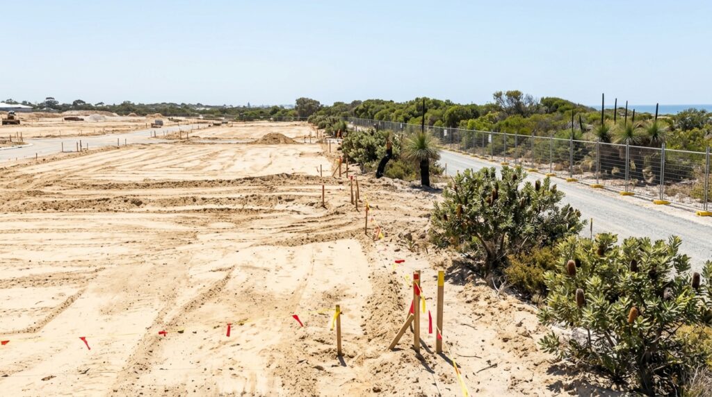 Vacant, freshly graded construction site for the Alkimos Aquatic Centre before works began