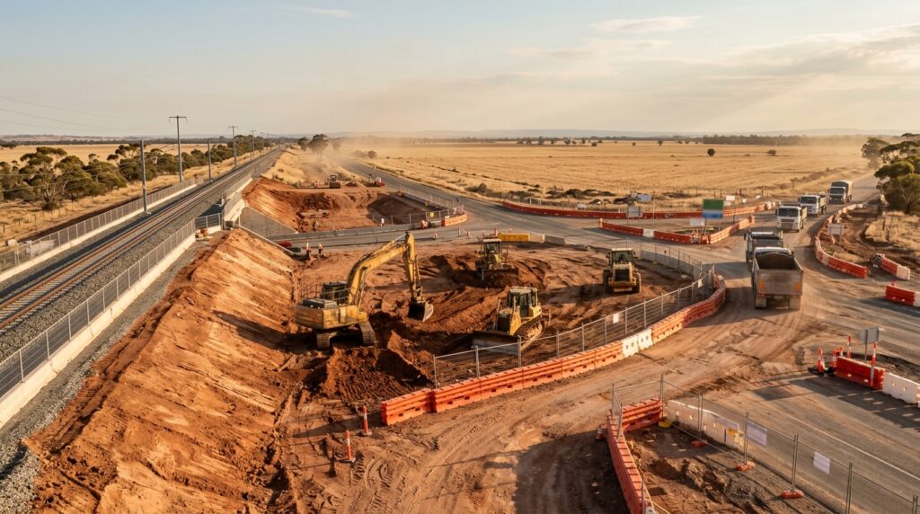 Road and rail construction works near the Curtis Road level crossing removal site