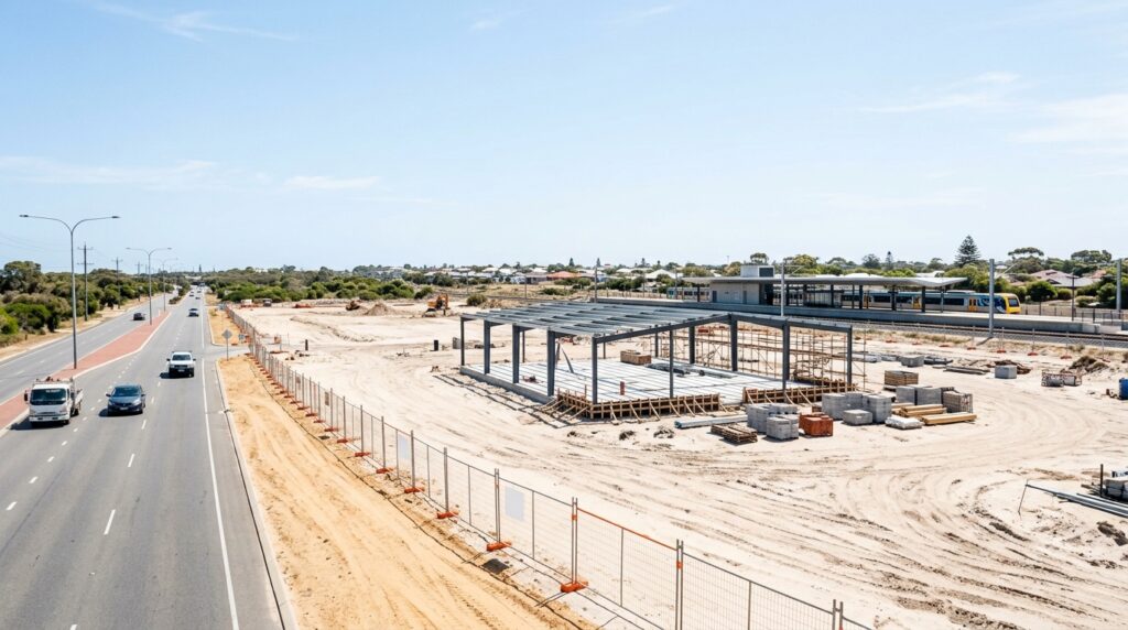 Construction site for the Alkimos retail precinct near Marmion Avenue, Alkimos
