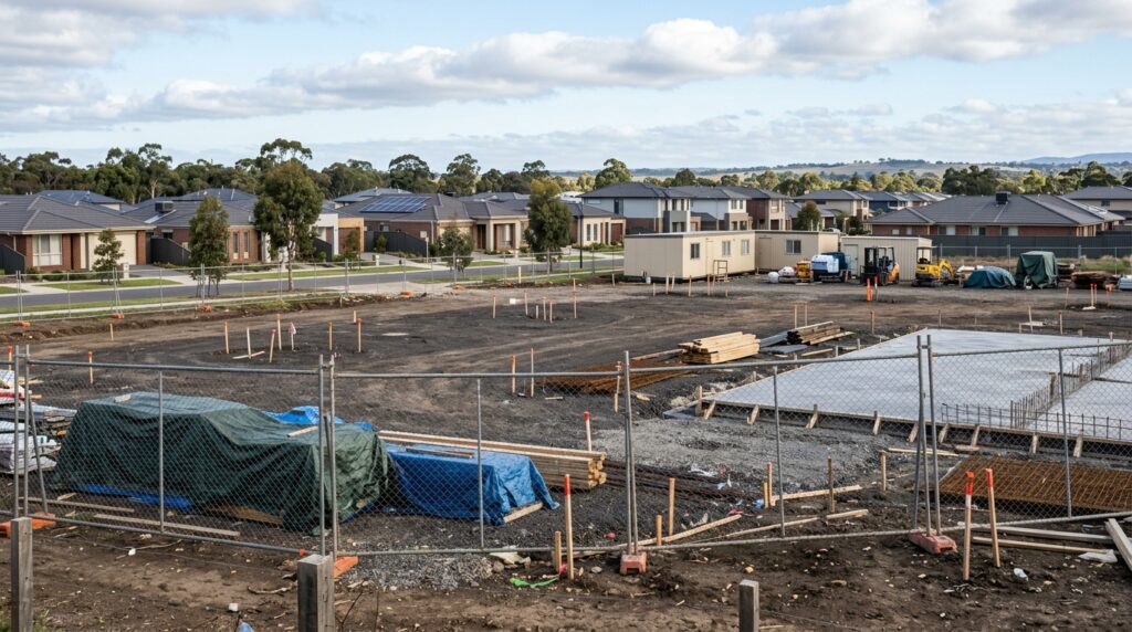 Early construction works at the Catholic primary school site on Ballan Road, Wyndham Vale