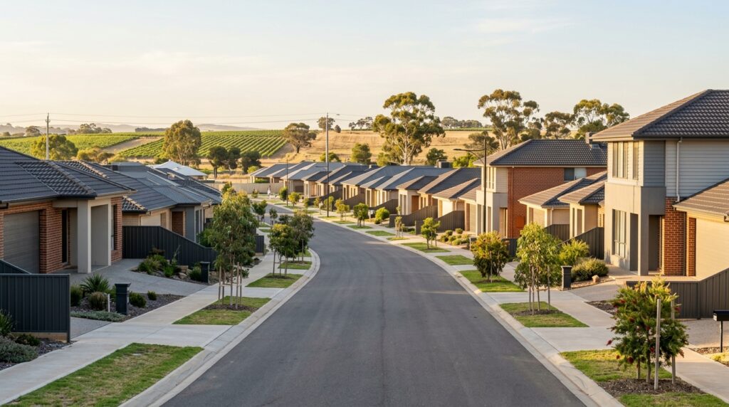 Finished residential street in a new Angle Vale housing estate