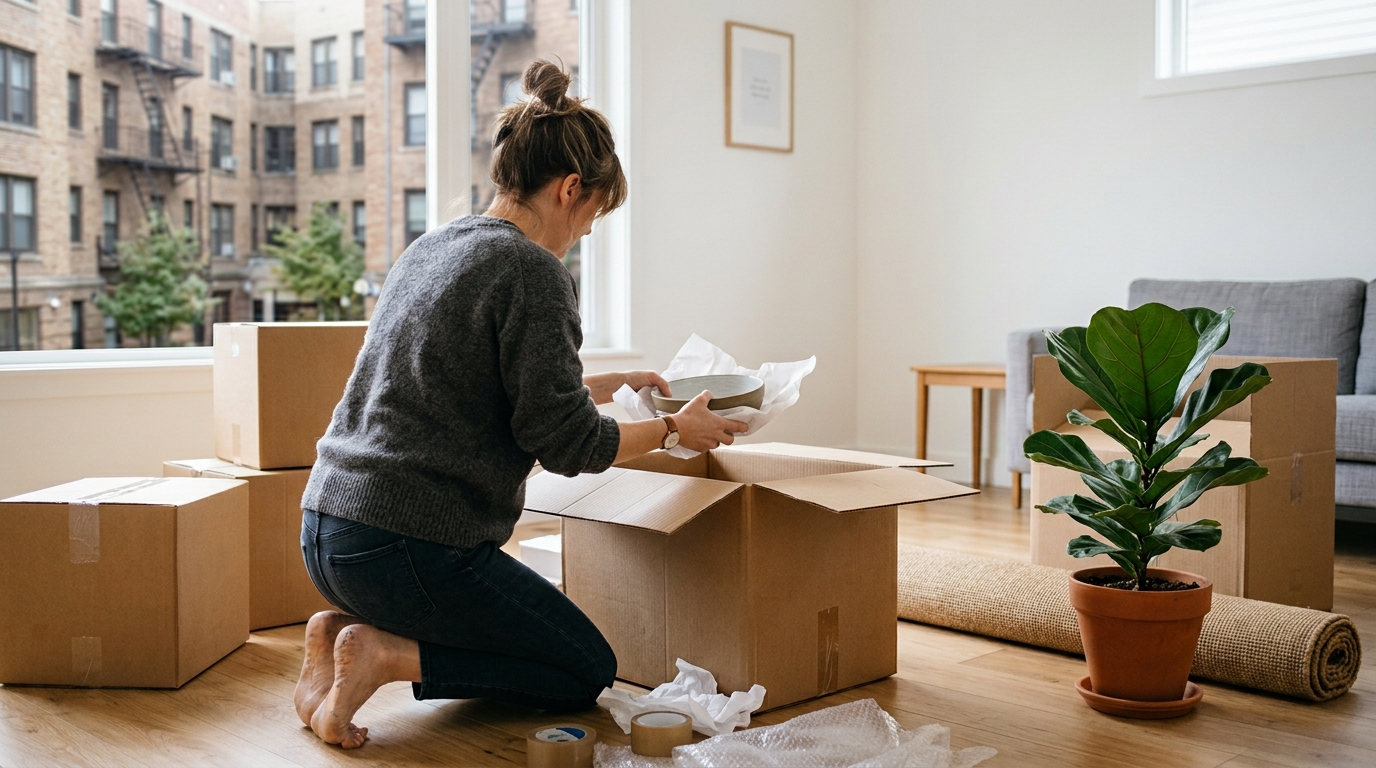 A single adult unpacking moving boxes in a new home, representing the many single applicants and single parents using Help to Buy