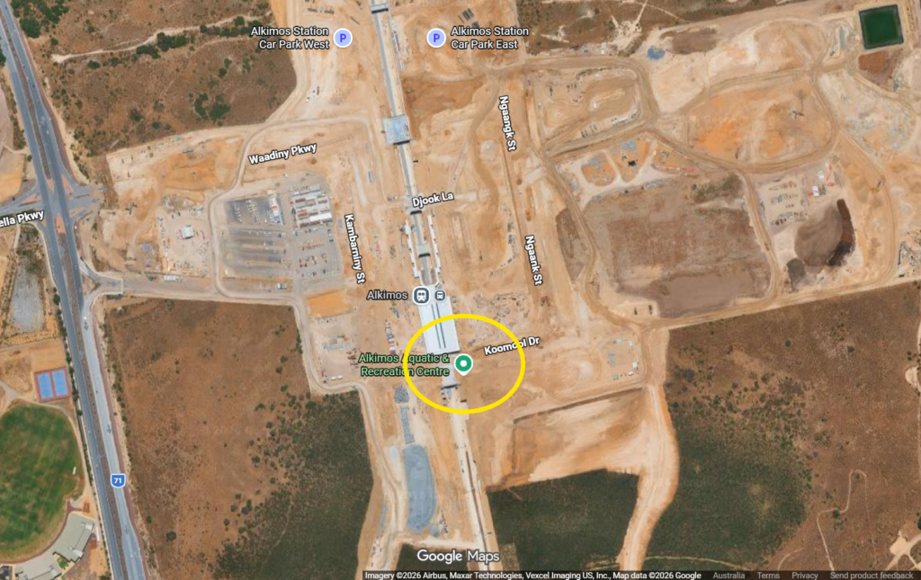 Map marking the Alkimos Aquatic and Recreation Centre at Koomool Dr, Alkimos WA 6038