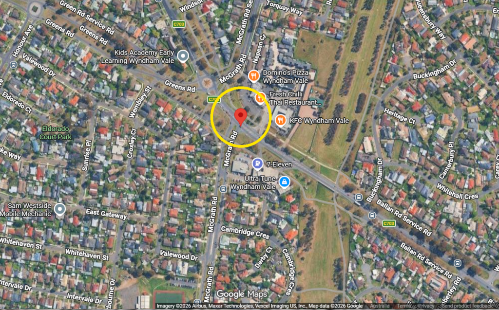 Map marking the Ballan Road, McGrath Road and Greens Road intersection being upgraded in Wyndham Vale