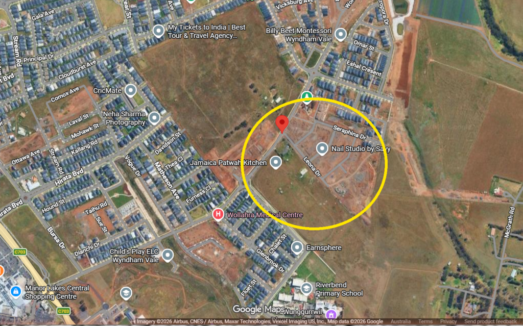 Map marking the proposed Wollahra Secondary School site between Leona Drive and Wollahra Rise, Wyndham Vale