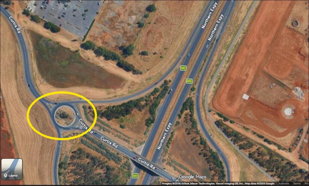 Map marking the Curtis Road and Northern Expressway interchange, site of the Angle Vale Marketplace