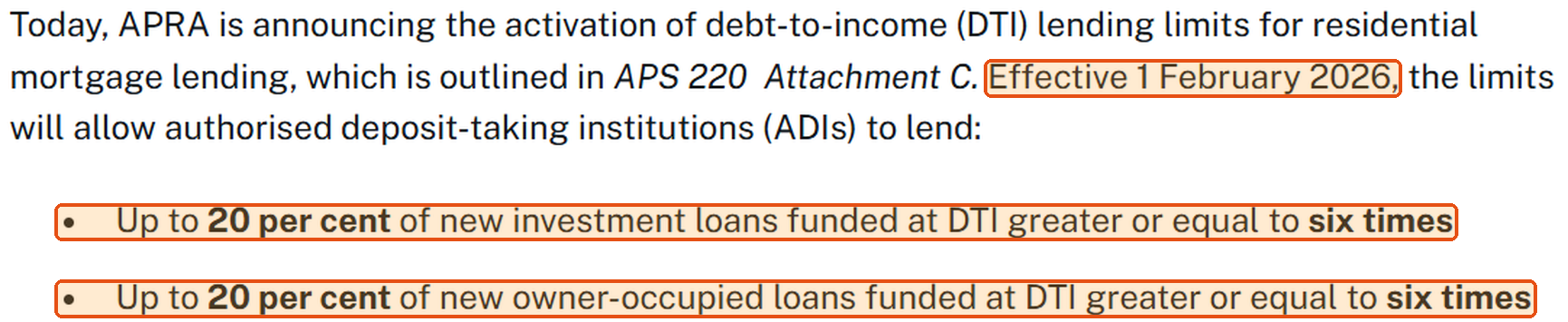 APRA notice confirming debt-to-income lending limits effective 1 February 2026, capping new investment and owner-occupied loans at debt-to-income ratios of six times or more to 20 per cent
