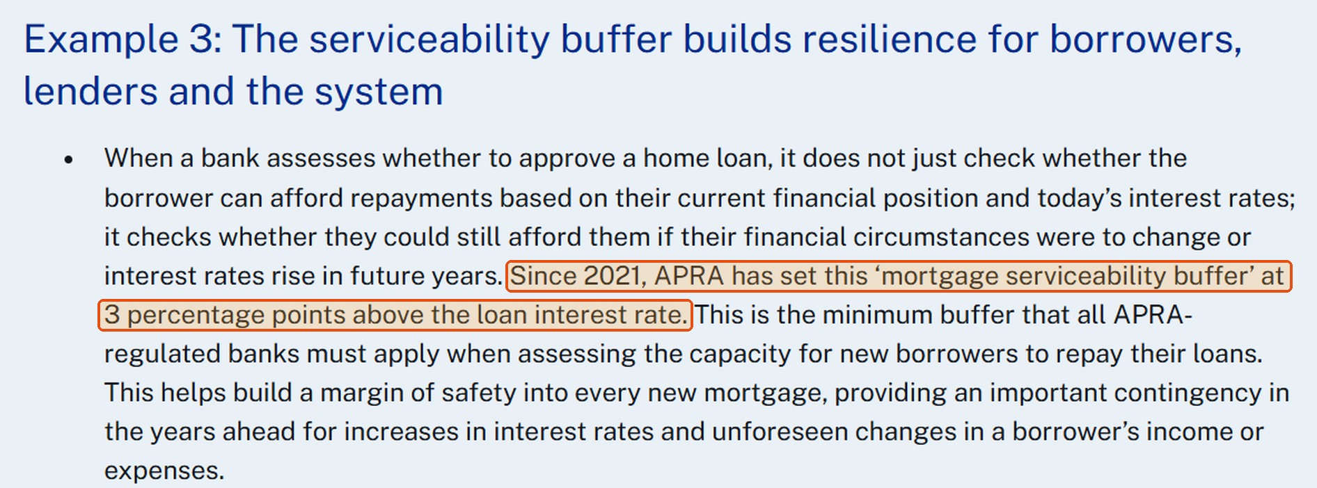 APRA's System Risk Outlook confirming the mortgage serviceability buffer has been set at 3 percentage points above the loan interest rate since 2021