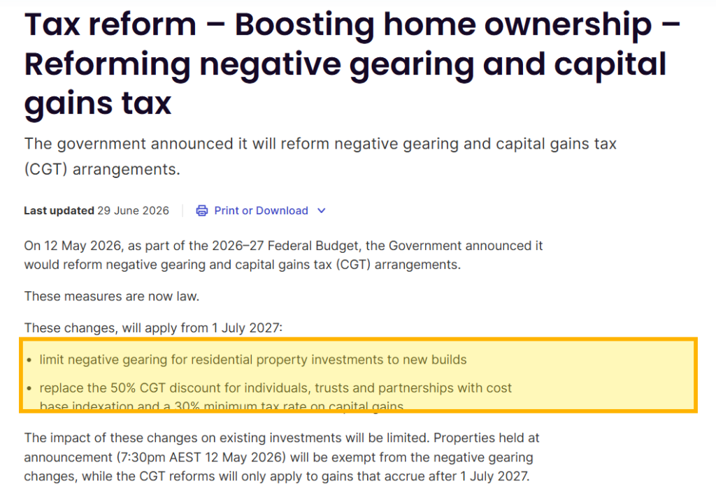 Australian Taxation Office guidance page on negative gearing rules for rental properties, with the established-home restriction marked