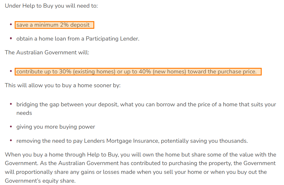 Official Help to Buy scheme mechanics showing the 2% minimum deposit and government contribution of up to 30% or 40%