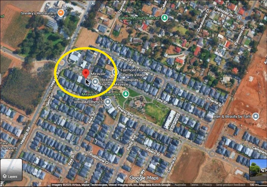 Map marking Miravale masterplanned community at 146 Heaslip Rd, Angle Vale SA 5117