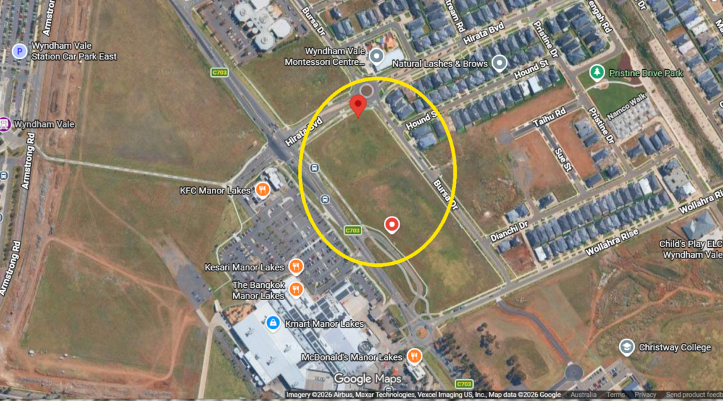 Map marking the Wyndham Vale Jobs Hub site at 2 Hirata Boulevard and 462 Ballan Road